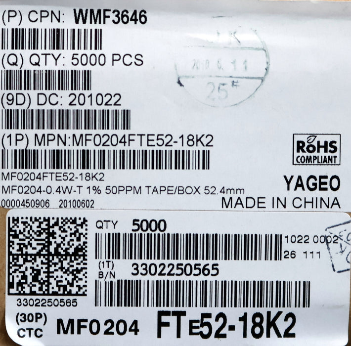 Bild des Artikels YAGEO-5000x-Metallschichtwiderstände-18,2kΩ-WMF3646-0,4W-18200-Ohm-Toleranz-1%