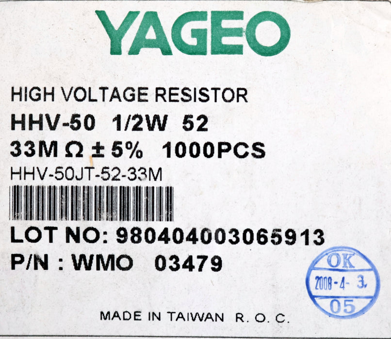 Bild des Artikels YAGEO-1000x-Metallschichtwiderstände-33MkΩ-33000000-Ohm-Toleranz-5%-Model-HHV-50