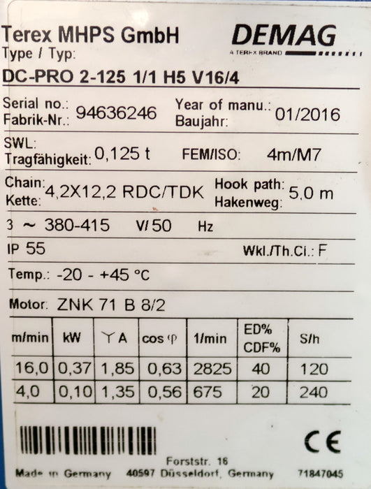 Bild des Artikels DEMAG-Elektrokettenzug-Typ-DC-Pro-2-125-1/1-H5-V16/4-Tragfähigkeit-125kg