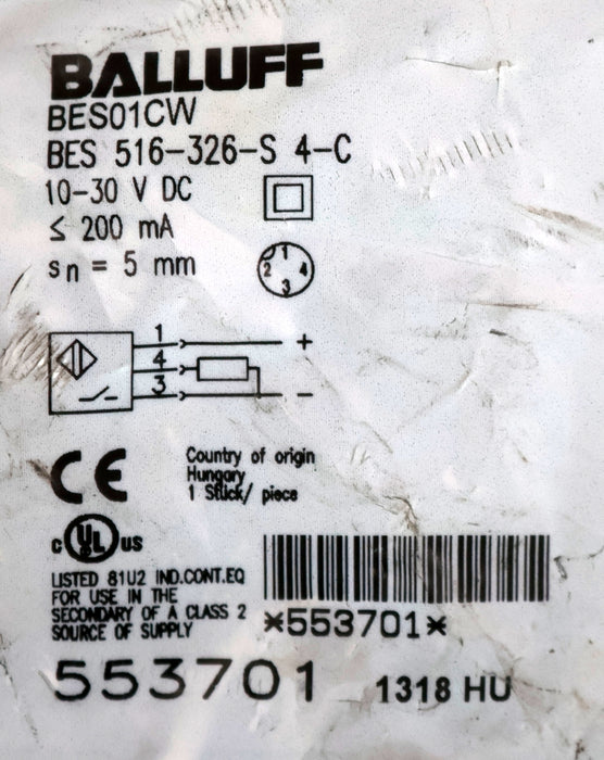 Bild des Artikels BALLUFF-Näherungsschalter-BES-516-326-S-4-C-10-30VDC-200mA-sn=-5mm