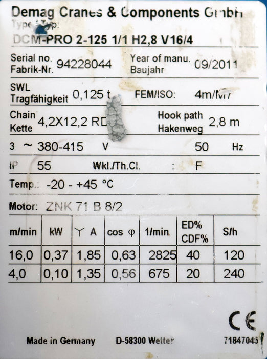 Bild des Artikels DEMAG-Elektrokettenzug-Typ-DCM-Pro-2-125-1/1-H2,8-V16/4-Tragfähigkeit-125kg