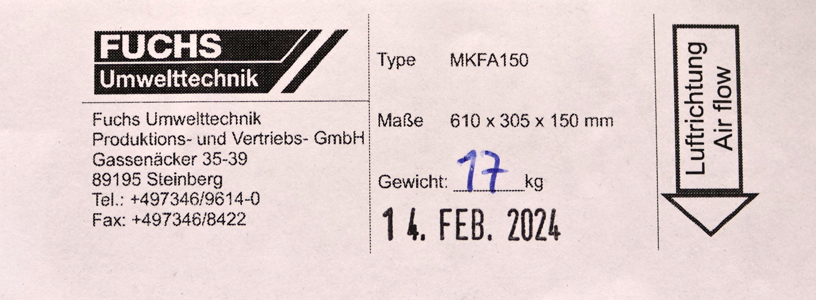 Bild des Artikels FUCHS-Aktiv-Carbonfilter-MKFA150-Maße-610x305x150mm-unbenutzt-in-OVP