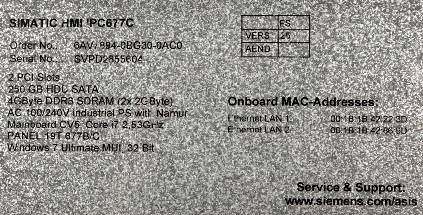 Bild des Artikels SIEMENS-SIMATIC-HMI-IPC677C-Panel-PC-6AV7894-0BG30-0AC0-Vers.-25-gebraucht