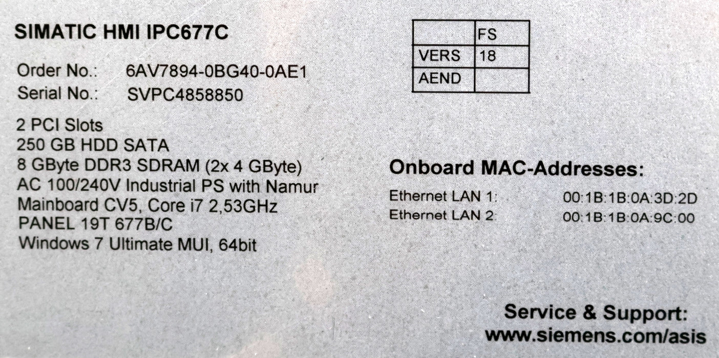 Bild des Artikels SIEMENS-SIMATIC-HMI-IPC677C-Panel-PC-6AV7894-0BG40-0AE1-Vers.18-!verkratzt!