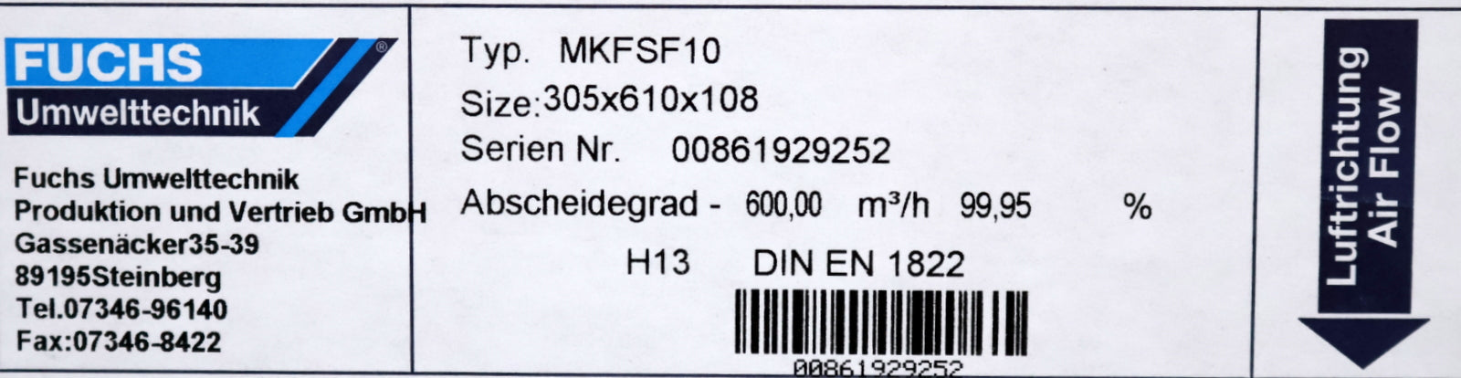 Bild des Artikels FUCHS-Schwebstofffilter-Typ-MKF-SF10-Maße-61x30,5x10,8cm