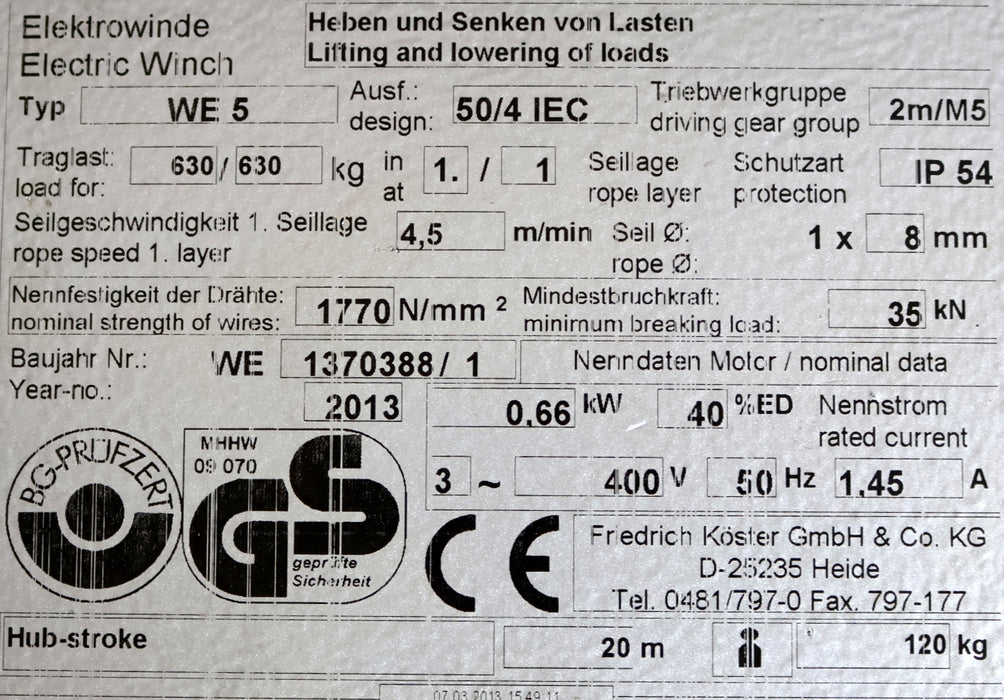 Bild des Artikels FRIEDRICH-KÖSTER-GMBH-Elektrowinde-Electric-Winch-Typ-WE-5-Ausf.:-50/4-IEC