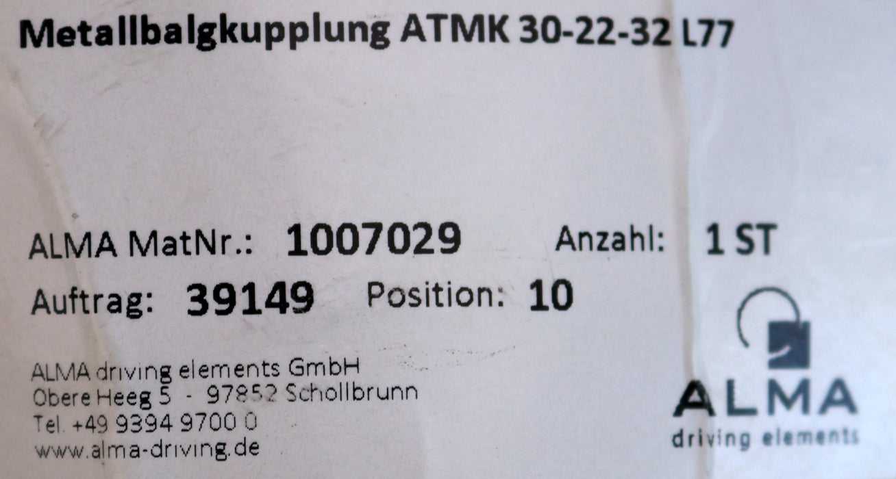 Bild des Artikels ALMA-Metallbalgkupplung-ATMK-30-22-32-L77-MatNr.:-1007029-1.-Ø-32mm-2.-Ø-22mm