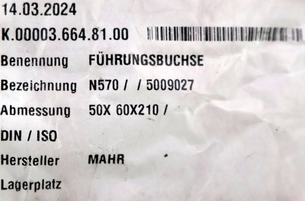 Bild des Artikels MAHR-Führungsbuchse-Art.Nr.-N570-5009027-Maße-50x60x210mm-mit-Messing-Kugelkäfig