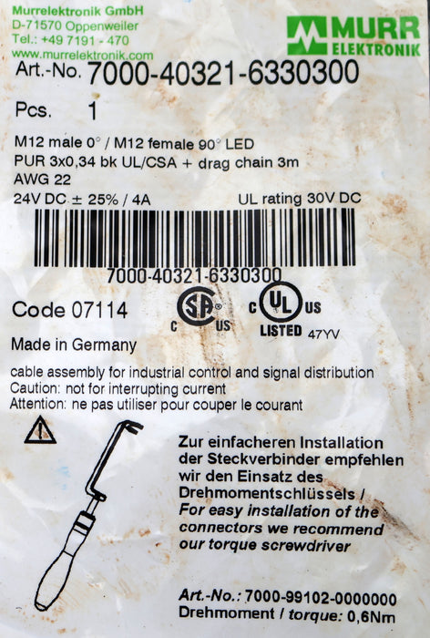 Bild des Artikels MURR-M12-St.-0°-/-M12-Bu.-90°-A-kod.-LED-Art.-No.-7000-40321-6330300-unbenutzt