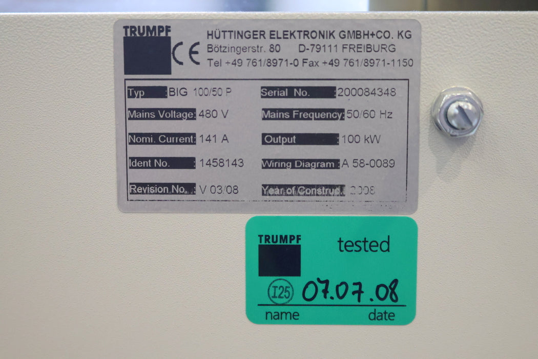 Bild des Artikels TRUMPF-/-HÜTTINGER-BIG-100/50-P-Seriennr.-200084348-Eingang-480V-50/60Hz-141A