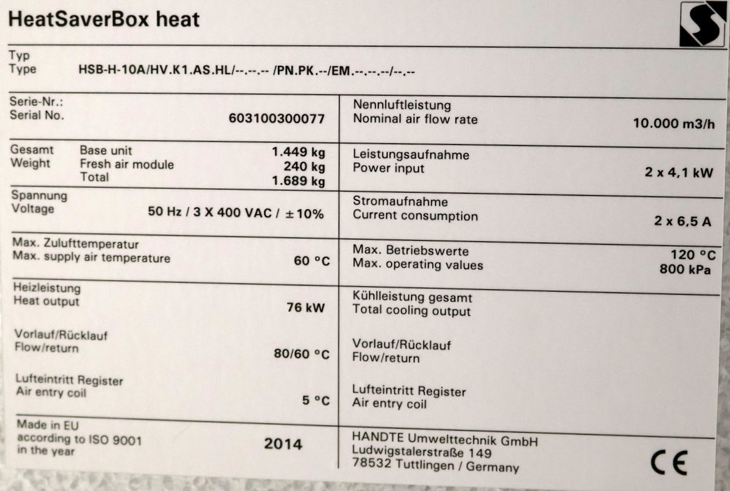 Bild des Artikels HANDTE-UMWELTTECHNIK-Wärmerückgewinnungsgerät-HSB-H-10A/HV.K1.AS.HL-unbenutzt