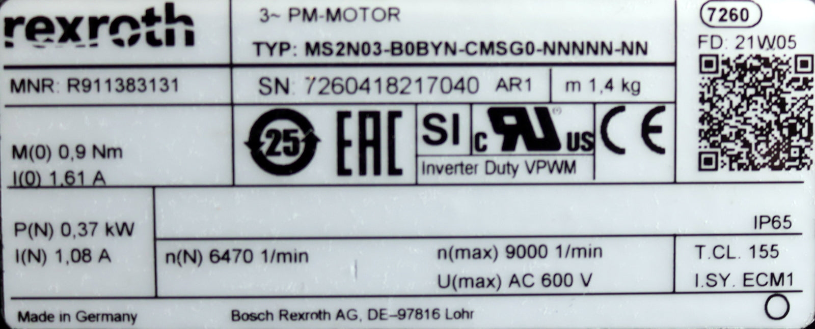 Bild des Artikels REXROTH-Servomotor-MS2N03-B0BYN-CMSG0-NNNN-NN-R911383131-M0=-0,9Nm-I0=-1,61A