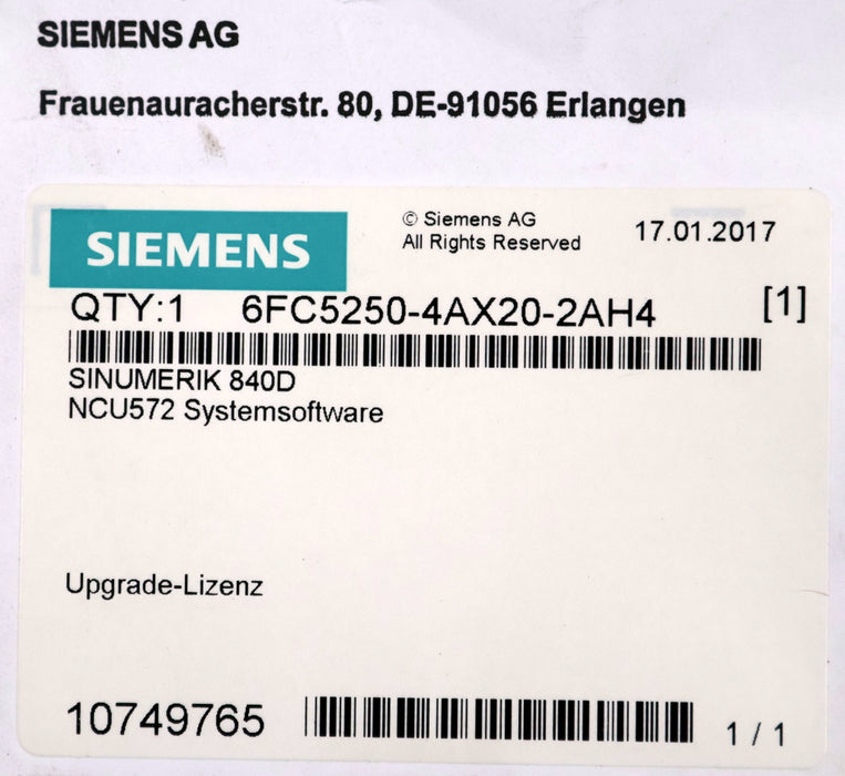 Bild des Artikels SIEMENS-SINUMERIK-840D-Systemsoftware-NCU572-6FC5250-4AX20-2AH4-Software-Lizenz