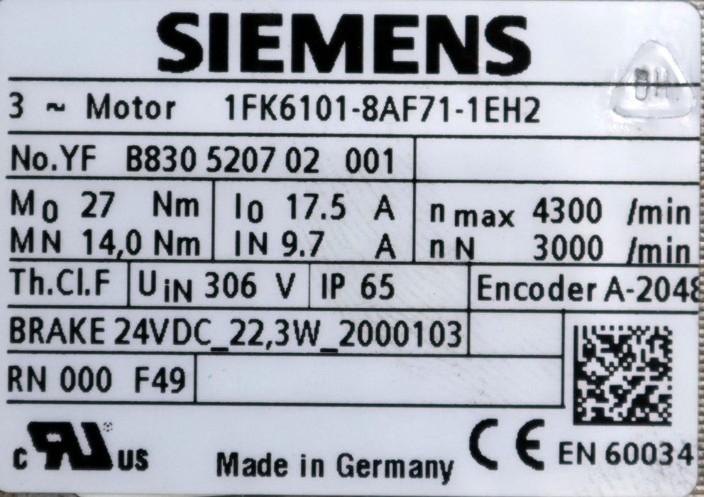 Bild des Artikels SIEMENS-Servomotor-1FK6101-8AF71-1EH2-M0=-27Nm-I0=-17,5A-nmax=-4300U/min