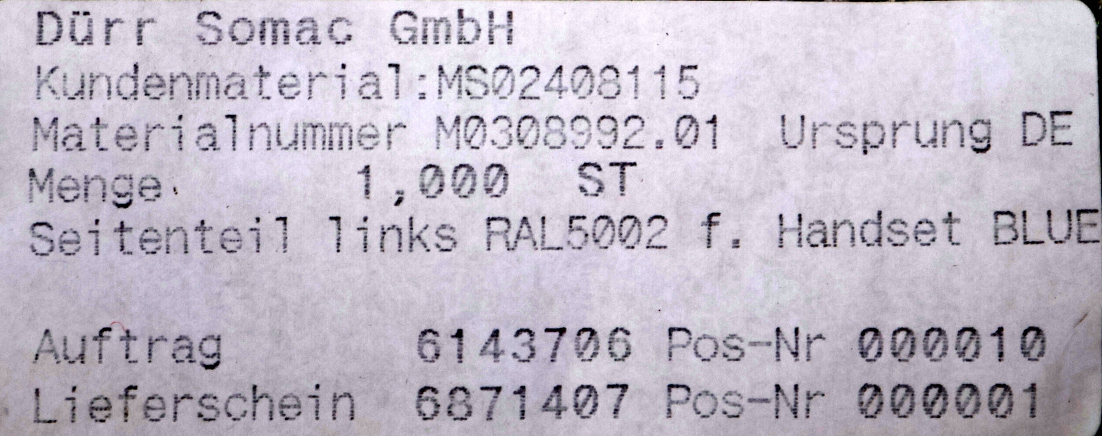 Bild des Artikels DÜRR-SOMAC-Ersatzteil-für-Befülleinheit-Seitenteil-re.-Handset-BLUE-M0308992.01