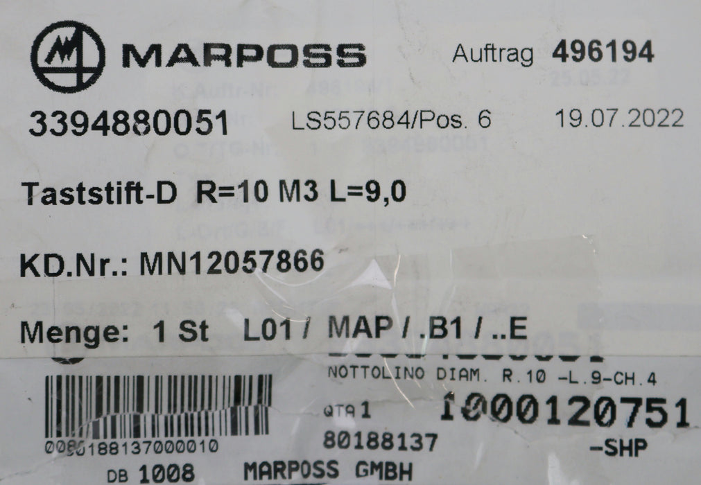Bild des Artikels MARPOSS-Taststift-D-R=-10mm-M3-L=-9,0mm-3394880051-unbenutzt