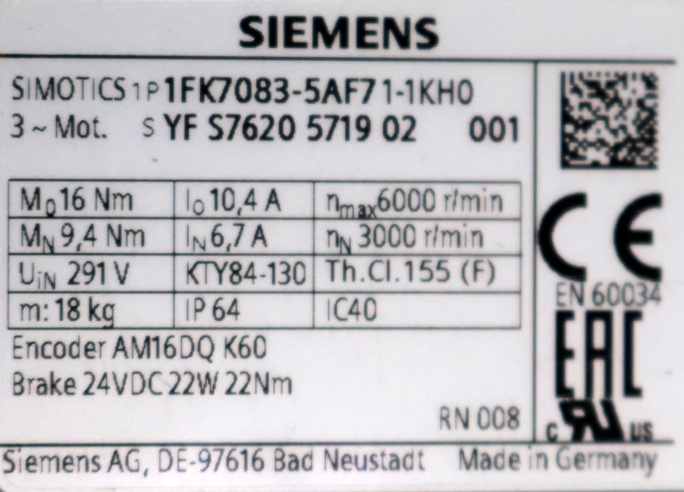 Bild des Artikels SIEMENS-Servomotor-1FK7083-5AF71-1KH0-Mo=-16Nm-I0=10,4A-nmax=-6000U/min