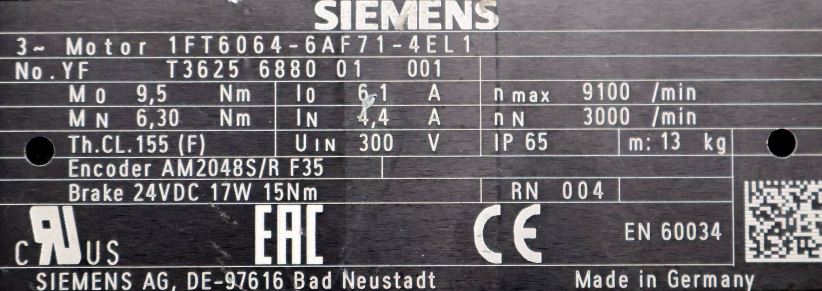 Bild des Artikels SIEMENS-Servomotor-1FT6064-6AF71-4EL1-Mo=-9,5Nm-I0=-6,1A-nMax=-9100U/min