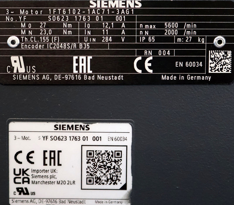Bild des Artikels SIEMENS-Servomotor-1FT6102-1AC71-3AG1-Mo=-27Nm-I0=-12,1A-nMax=-5600U/min