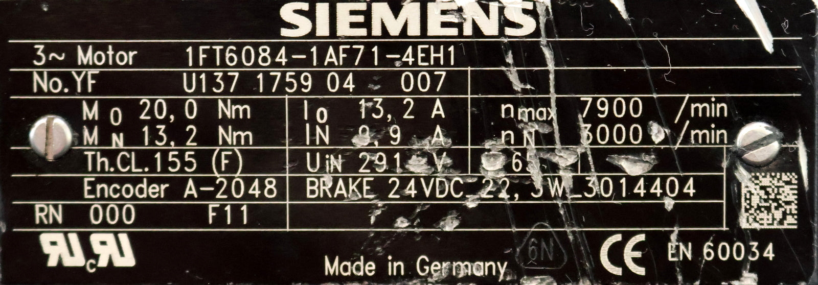 Bild des Artikels SIEMENS-Servomotor-1FT6084-1AF71-4EH1-Mo=-20Nm-I0=-13,2A-nMax=-7900U/min