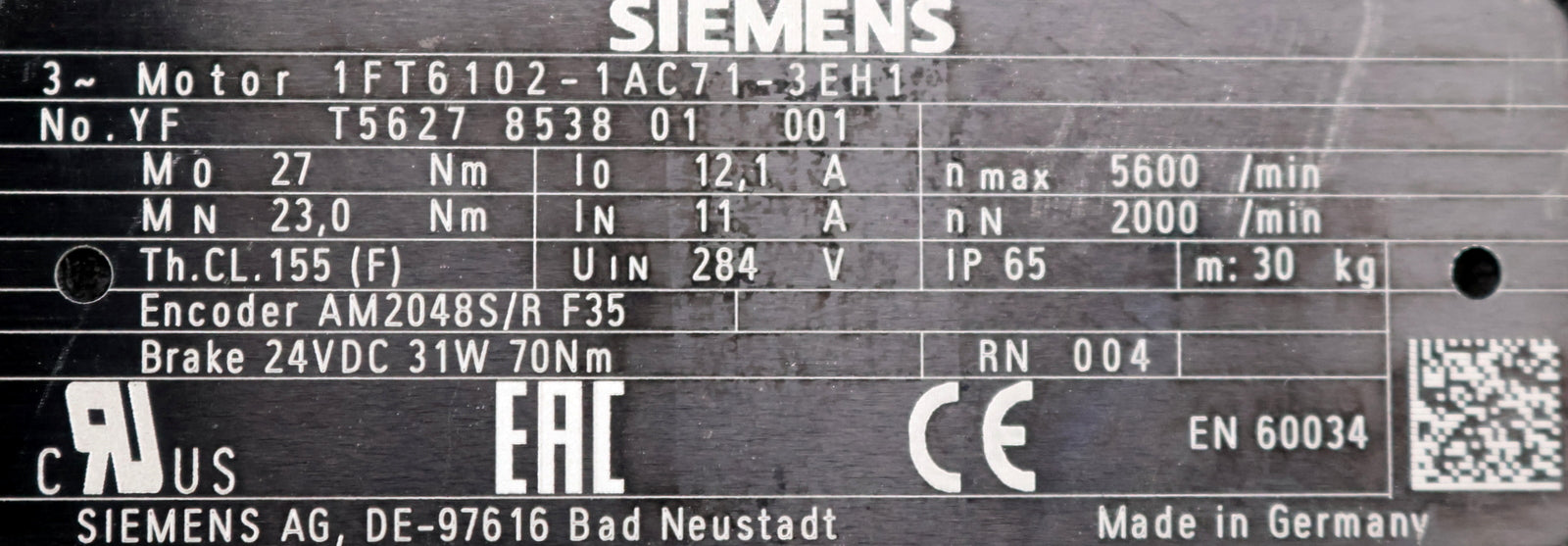 Bild des Artikels SIEMENS-Servomotor-1FT6102-1AC71-3EH1-Mo=-27Nm-I0=-12,1A-nMax=-5600U/min