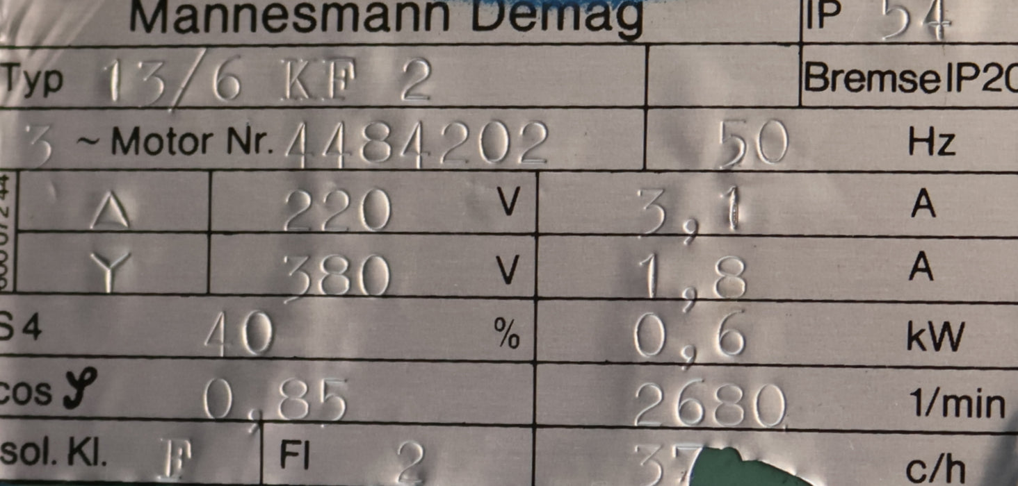Bild des Artikels DEMAG-Fahrmotor-13/6-KF2-mit-52D-i=-30,8-220V-50Hz-3,1A-380V-50Hz-1,8A