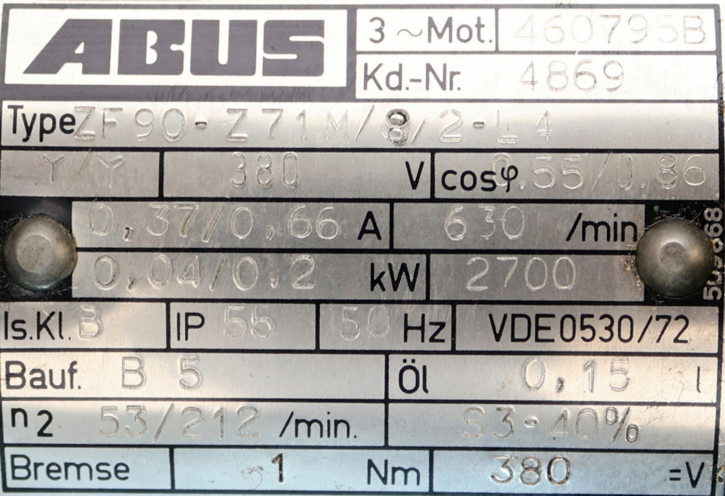Bild des Artikels ABUS-Getriebemotor-ZF90-Z71M-8/2-L4-S10707-380V-50Hz-n1=-2900U/min-Bauform-B5