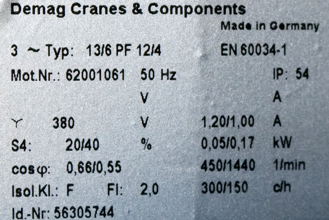 Bild des Artikels DEMAG-Fahrwerkmotor-13/6-PF-12/4-380V-50Hz-450/1440U/min-IP54-mit-Ritzel-Z=-18