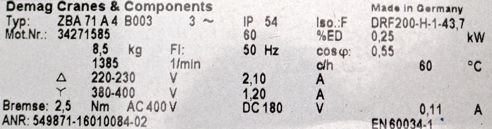 Bild des Artikels DEMAG-Antriebsmotor-ZBA-71-A4-B003-220-230V-50Hz-2,1A-380-400V-50Hz-1,2A