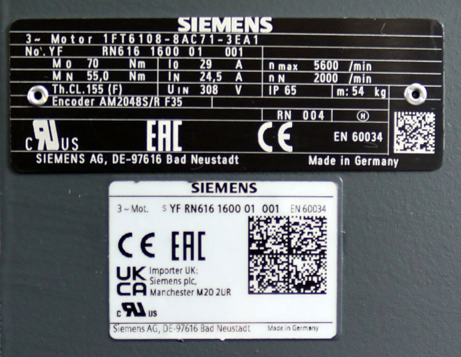 Bild des Artikels SIEMENS-Servomotor-1FT6108-8AC71-3EA1-Mo=-70Nm-I0=-29A-nmax=-5600U/min-MN=-55Nm