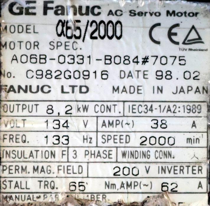 Bild des Artikels FANUC-Servomotor-Model-A65/2000-Motor-Spec.-A06B-0331-B084#7075-Output-8,2kW