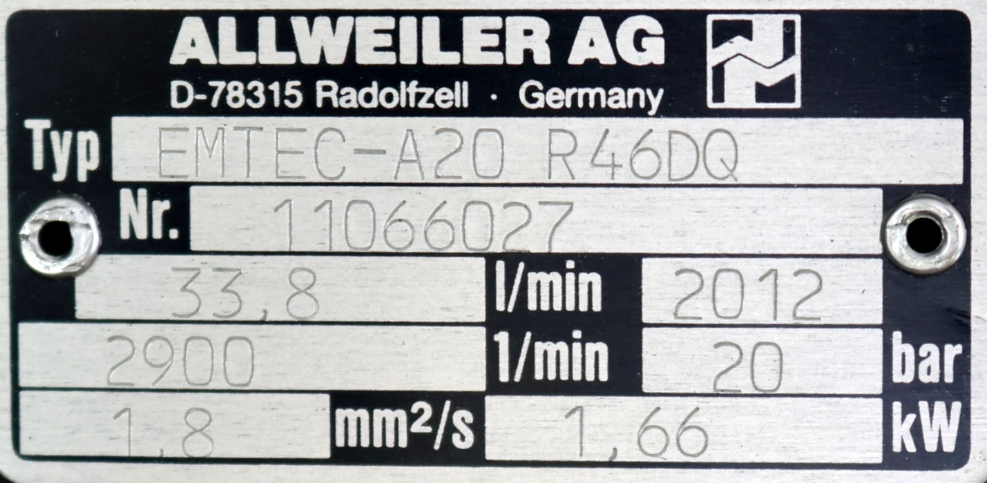 Bild des Artikels ALLWEILER-Schraubenspindelpumpe-Typ-EMTEC-A20-R46DQ-33,8l/min-2900U/min