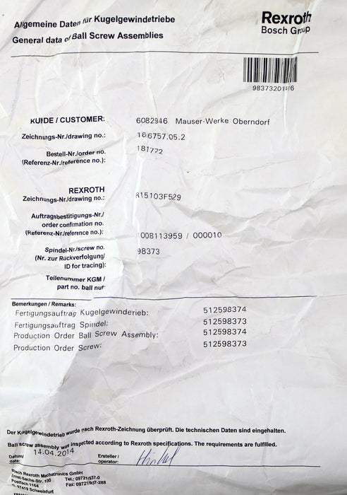 Bild des Artikels REXROTH-Kugelgewindetrieb-mit-einer-Mutter-32x20Rx3,969-MNR:-15103F529-unbenutzt