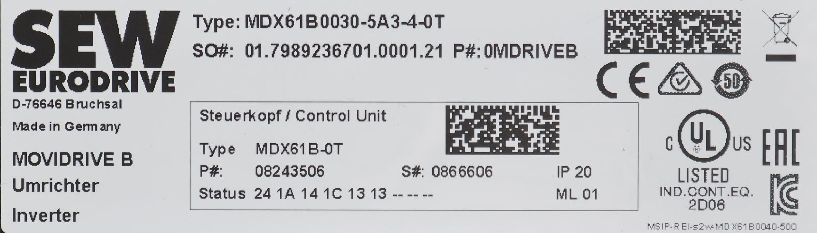 Bild des Artikels SEW-MOVIDRIVE-Umrichter-MDX61B0030-5A3-4-0T-Input:-3x380…500VAC-6,3A-50…60Hz