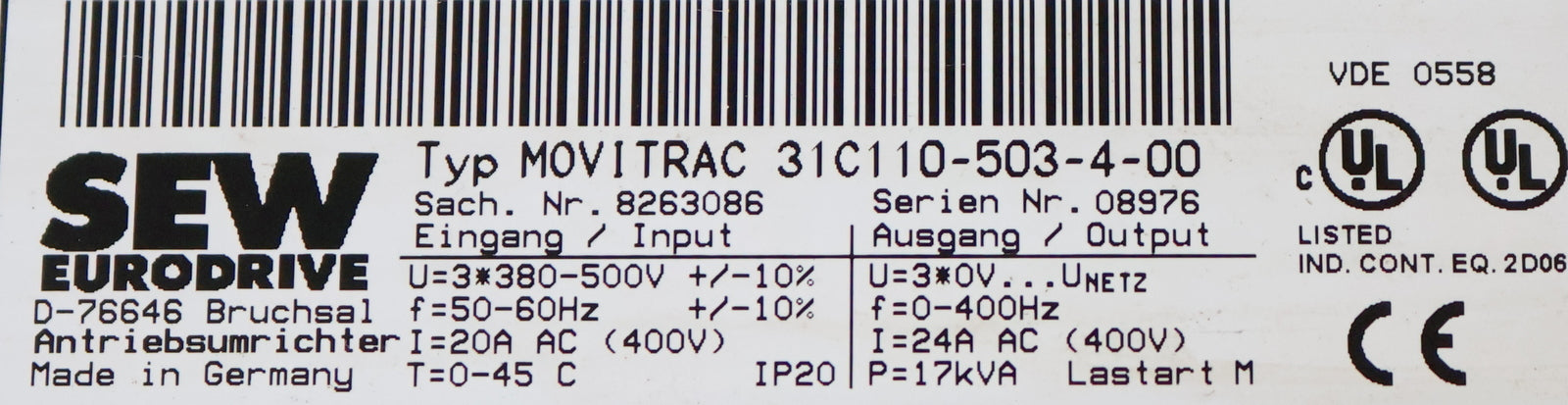Bild des Artikels SEW-Antriebsumrichter-MOVITRAC-31C110-503-4-00-Input:-3x380…500VAC-20A-50…60Hz