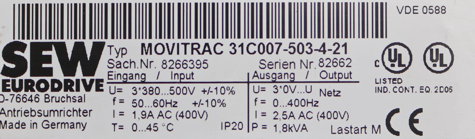 Bild des Artikels SEW-Antriebsumrichter-MOVITRAC-31C007-503-4-21-Input:-3x380…500VAC-1,9A-50…60Hz
