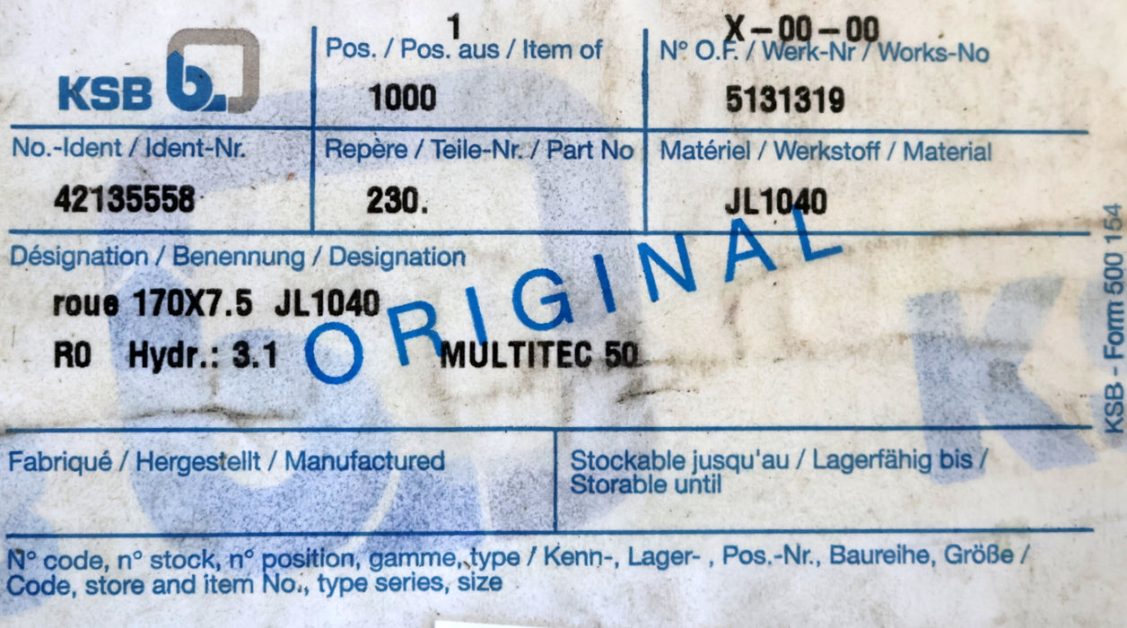 Bild des Artikels KSB-MULTITEC-50-Laufrad-170X7.5-JL1040-R0-Hydr.:-3.1-ID.Nr.-42135558-unbenutzt