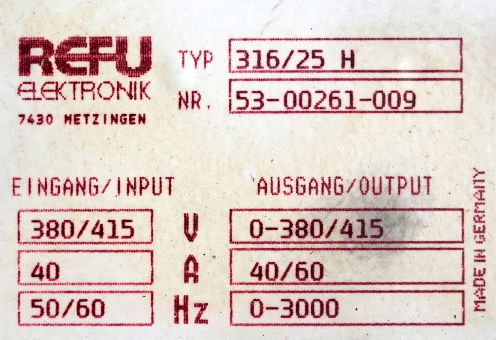 Bild des Artikels REFU-Frequenzumrichter-Typ-316/25-H-Input:-380/415V-40A-50/60Hz-!!-überholt-!!