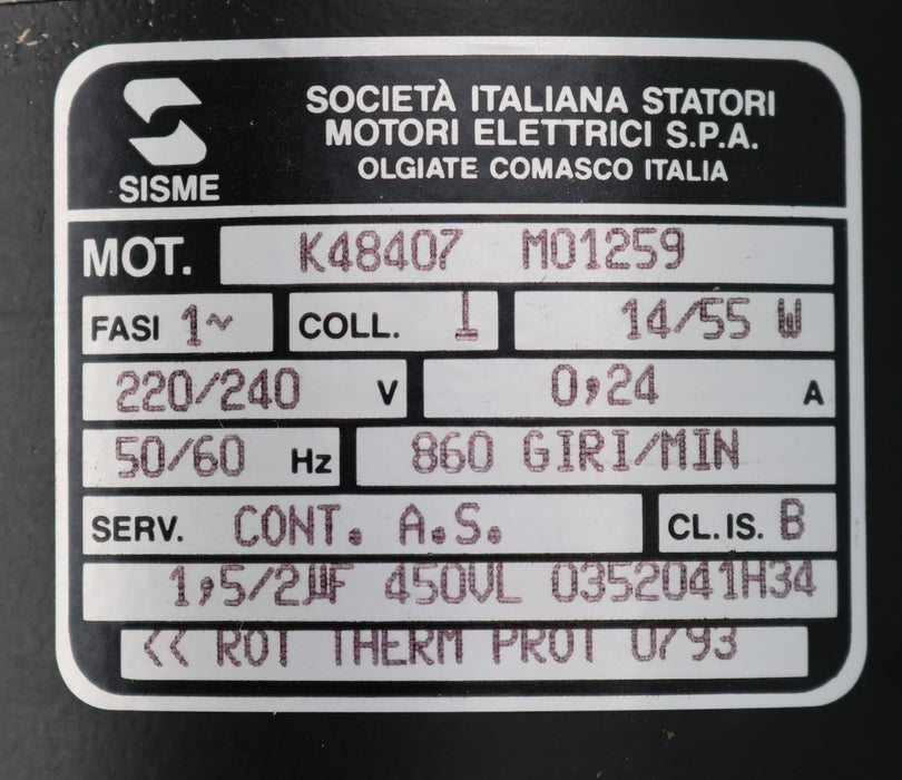 Bild des Artikels SISME-Motor-K48407-M01259-14/55W-220-240V-50/60Hz-0,24A-860RPM-gebraucht