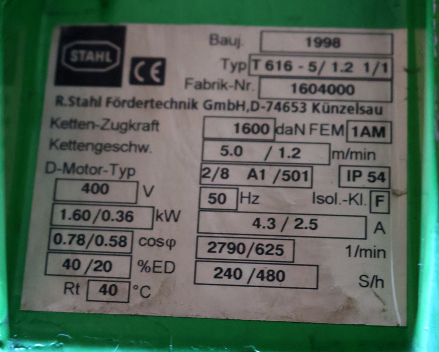 STAHL Elektrokettenzug Typ T616-5/1.2 1/1 - 1600daN Haupthub 5m/min - überprüft