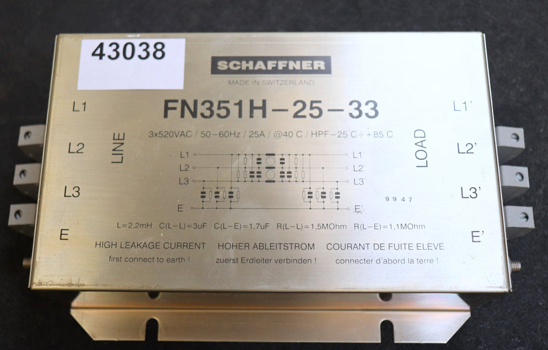 SCHAFFNER Entstörfilter FN351H-25-33 3x520VAC 25-60Hz 25A gebraucht