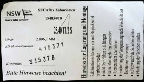 NSW SECAFLEX Zahnriemen H 100 verschweißt Länge 2806,7mm Breite 25,4mm unbenutzt