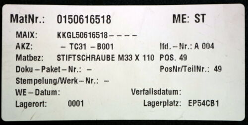 Stiftschraube nach DIN939 Gewindelängen 78mm/28mm M33x110 Stahl 6. GA - GL142mm