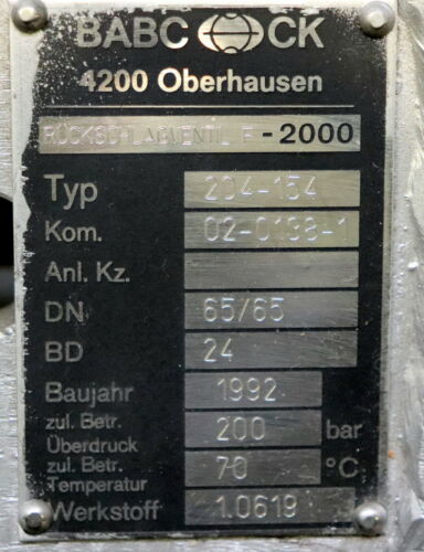 BABCOCK Rückschlagventil DN65 PN400 F-2000 Typ 204-154 DN65/65 BD 24 - 200bar