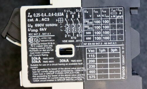 TELEMECANIQUE Motorschutzschalter GV2-M04 0,4-0,63A Ue=690V 50/60Hz Uimp=6kV