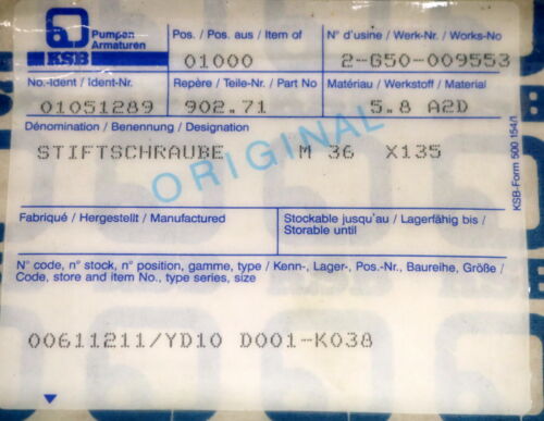 KSB Stiftschraube nach DIN939 Gewindelängen 90mm / 45mm M36x135 - Stahl 5.8 A2D