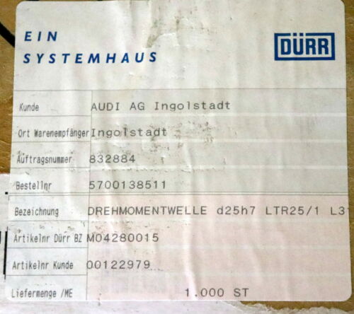 THK / DÜRR Drehmomentwelle 25x3131mm LTR 25 UZZ + 3131L + 1 Mutter + Abdichtung