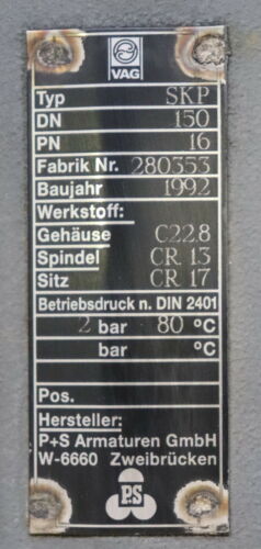 VAG SP+S Absperrschieber SKP DN150 PN16 Gehäuse-Material C22.8 mit Handrad BJ´92