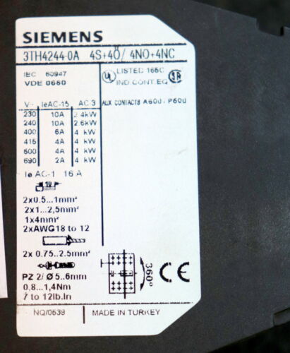 SIEMENS 2 Stück Hilfsschütz 3TH4244-0A Us= 230VAC 50Hz Us= 277VAC 60Hz 4S+4Ö