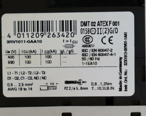 SIEMENS 2 verschiedene SIRIUS Leistungschalter 1 x 3RV1011-0AA10 ….